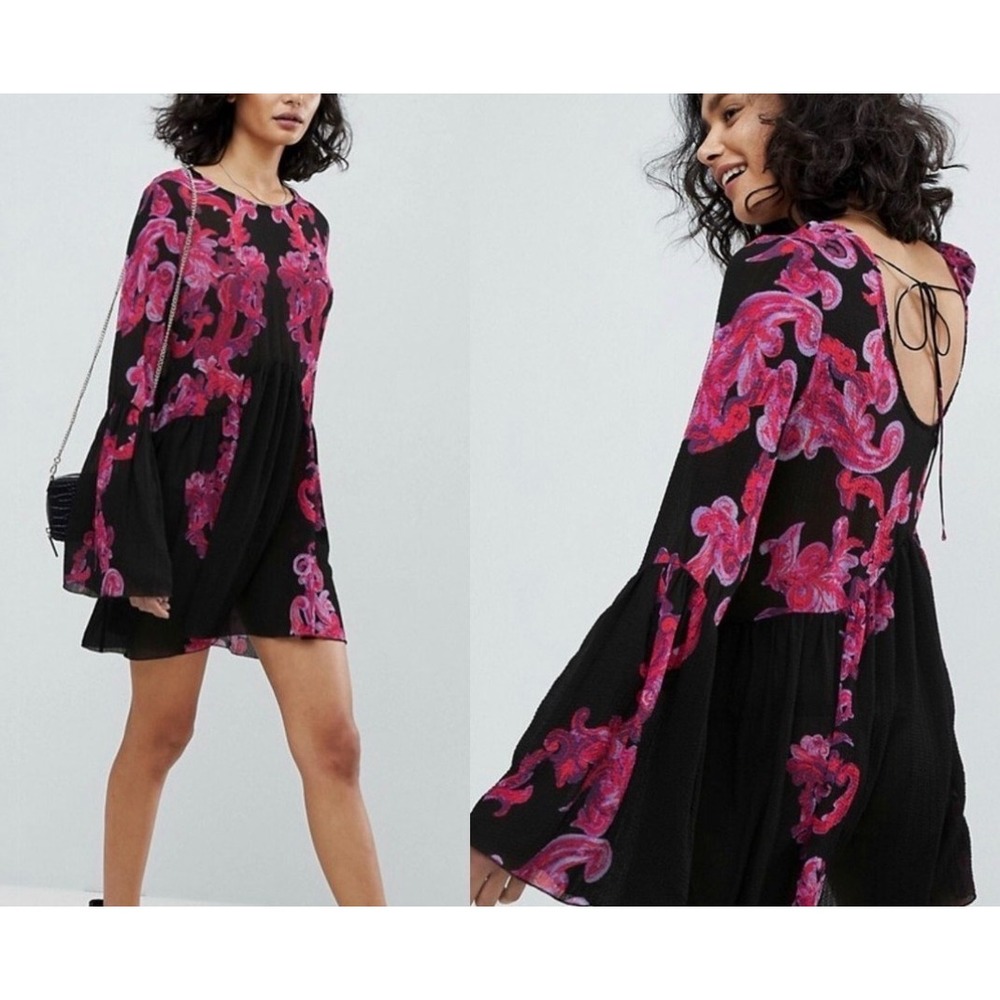 Intimately Free People Printed Symphony Slip Dress Black Pink Boho Bell Sleeve M